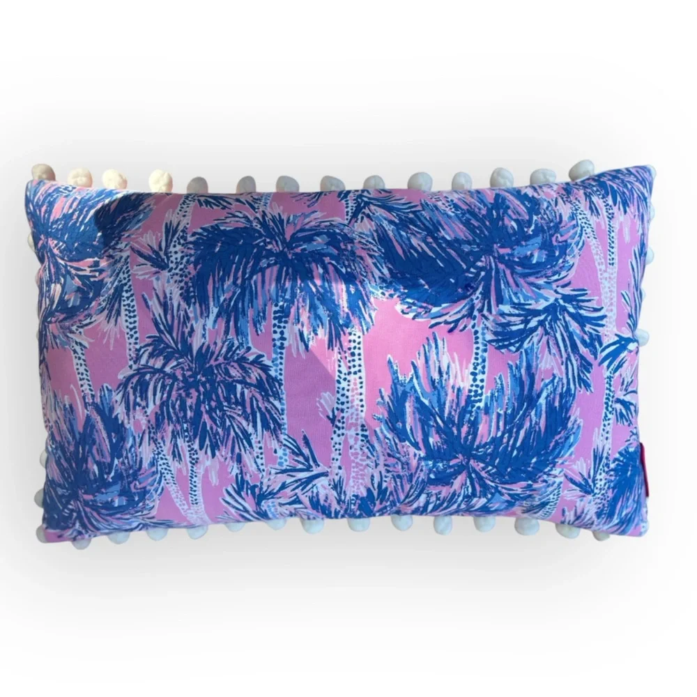 Lilly Pulitzer Two Sided Gold Blue Palm Trees Pom Poms Decorative Lumbar Pillow
